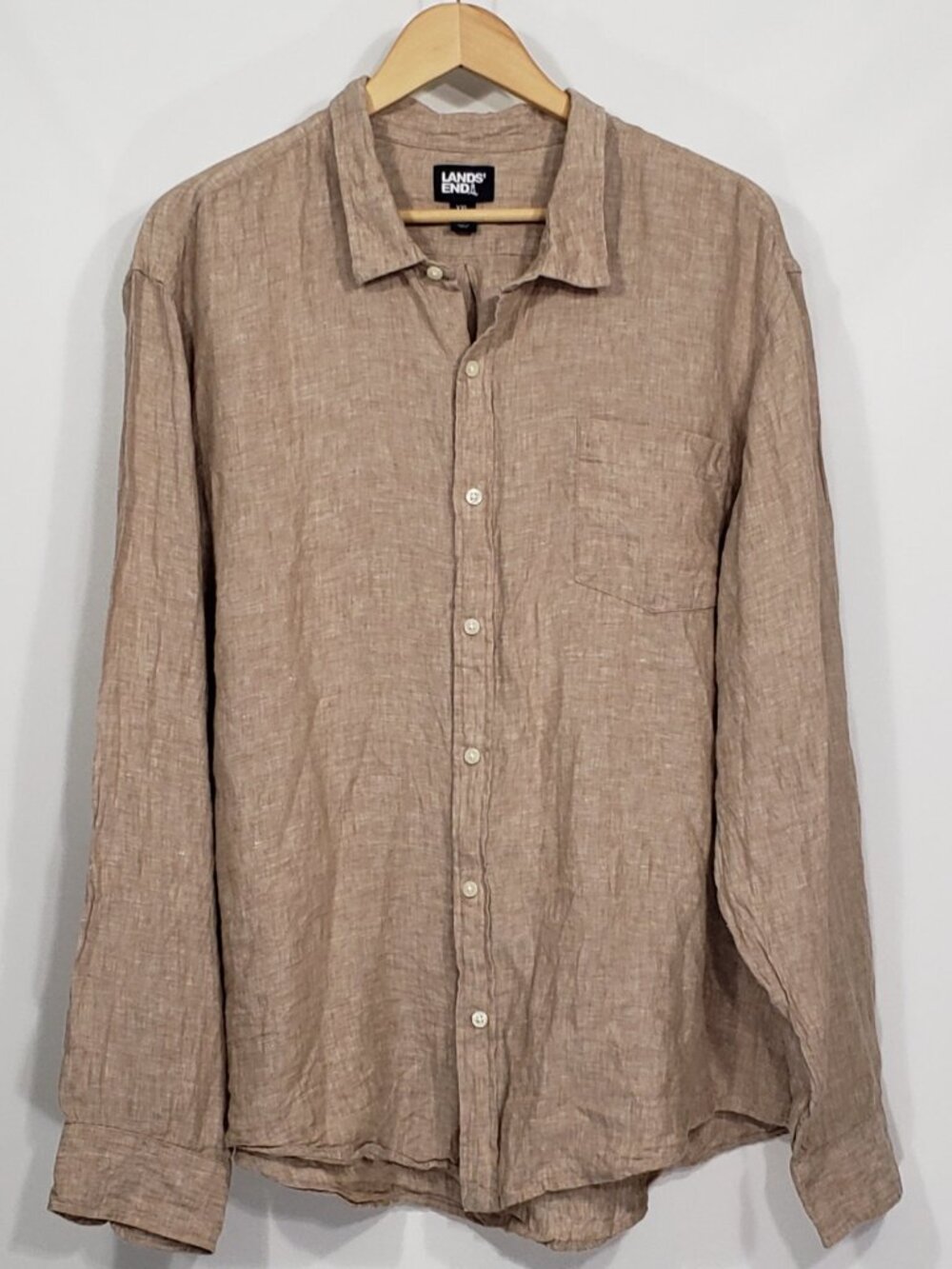 Lands End Brown Tan Linen Button Down Shirt Men's XXL 50-52